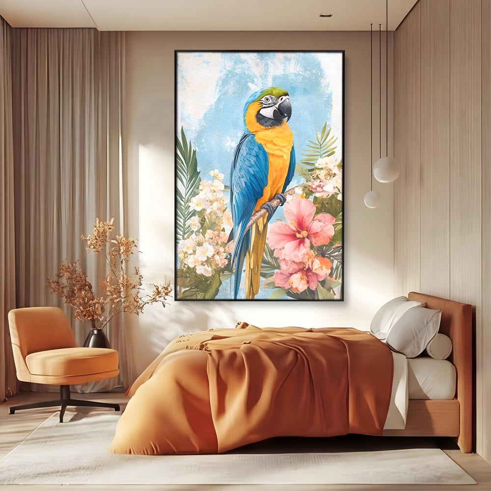 Tablou Canvas Premium, LuxCanva® M1100, Perla Amazonului, Papagal, Exotic, Flori, Frunze, Hibiscus, Acuarela, Jungla, Pastel, Vara, Anotimp, Pictura, Birou, Living, Camera Copil