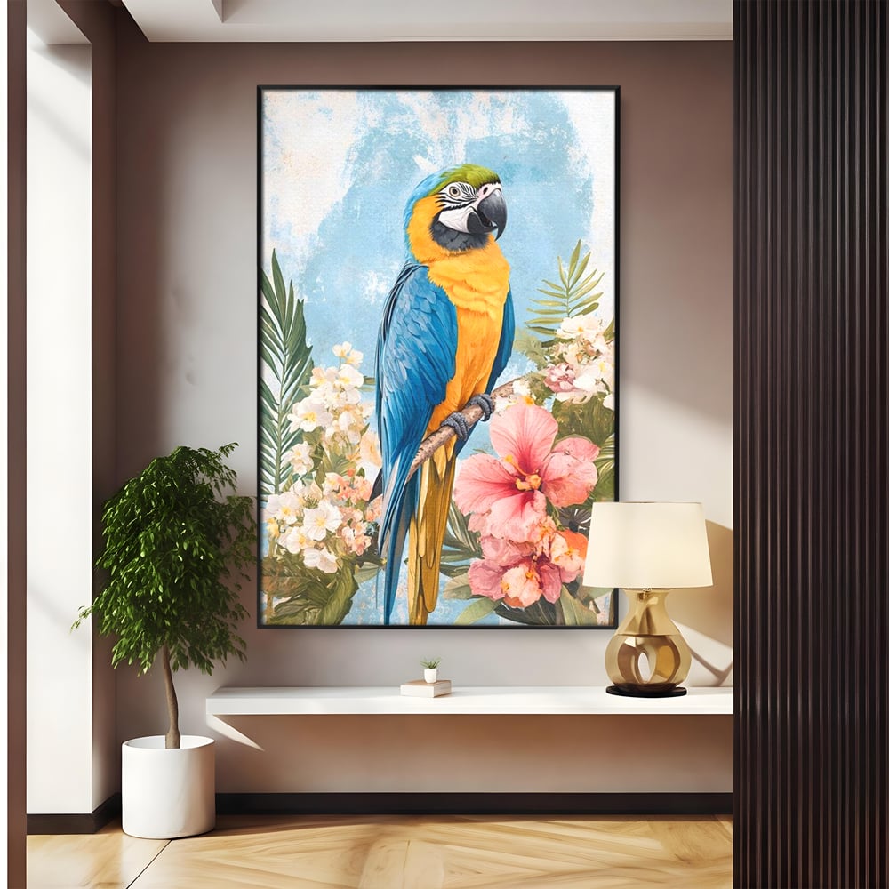 Tablou Canvas Premium, LuxCanva® M1100, Perla Amazonului, Papagal, Exotic, Flori, Frunze, Hibiscus, Acuarela, Jungla, Pastel, Vara, Anotimp, Pictura, Birou, Living, Camera Copil