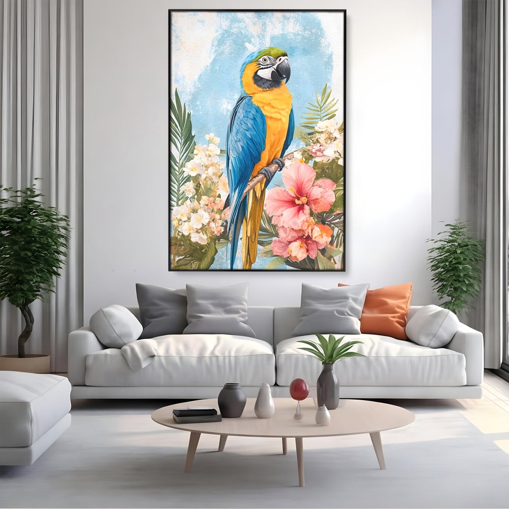 Tablou Canvas Premium, LuxCanva® M1100, Perla Amazonului, Papagal, Exotic, Flori, Frunze, Hibiscus, Acuarela, Jungla, Pastel, Vara, Anotimp, Pictura, Birou, Living, Camera Copil