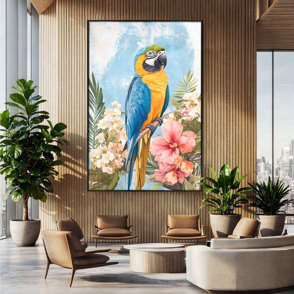 Tablou Canvas Premium, LuxCanva® M1100, Perla Amazonului, Papagal, Exotic, Flori, Frunze, Hibiscus, Acuarela, Jungla, Pastel, Vara, Anotimp, Pictura, Birou, Living, Camera Copil