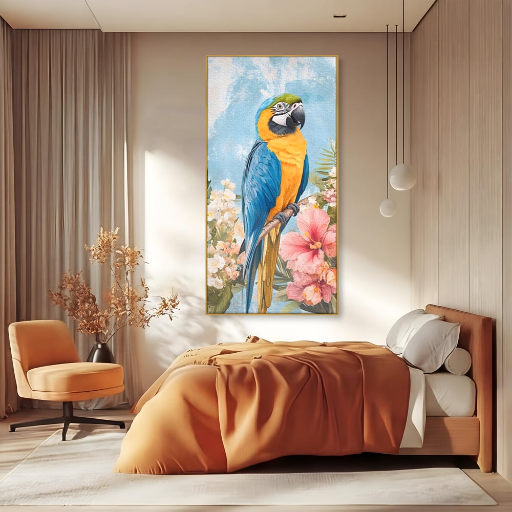 Tablou Canvas Premium, LuxCanva® M1100, Perla Amazonului, Papagal, Exotic, Flori, Frunze, Hibiscus, Acuarela, Jungla, Pastel, Vara, Anotimp, Pictura, Birou, Living, Camera Copil