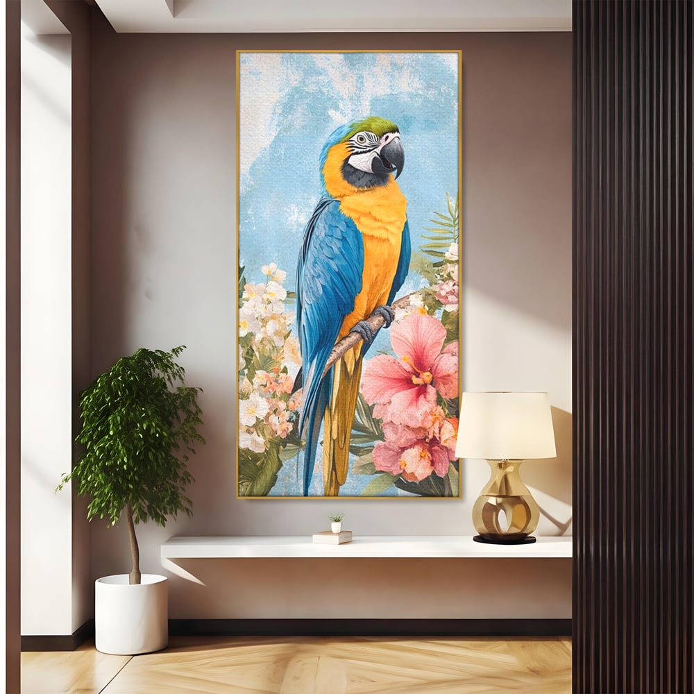 Tablou Canvas Premium, LuxCanva® M1100, Perla Amazonului, Papagal, Exotic, Flori, Frunze, Hibiscus, Acuarela, Jungla, Pastel, Vara, Anotimp, Pictura, Birou, Living, Camera Copil