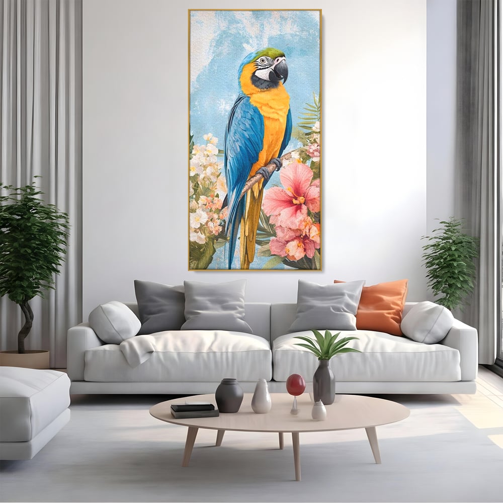 Tablou Canvas Premium, LuxCanva® M1100, Perla Amazonului, Papagal, Exotic, Flori, Frunze, Hibiscus, Acuarela, Jungla, Pastel, Vara, Anotimp, Pictura, Birou, Living, Camera Copil