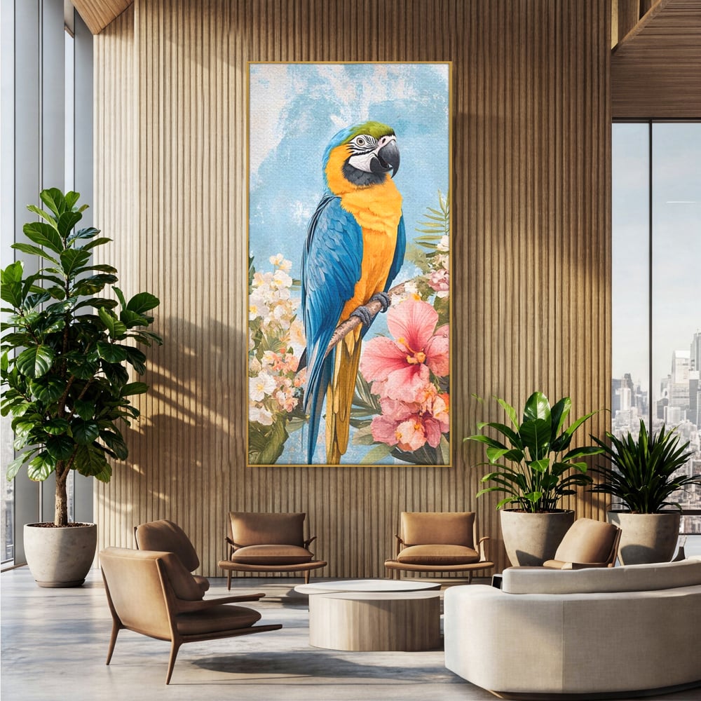 Tablou Canvas Premium, LuxCanva® M1100, Perla Amazonului, Papagal, Exotic, Flori, Frunze, Hibiscus, Acuarela, Jungla, Pastel, Vara, Anotimp, Pictura, Birou, Living, Camera Copil