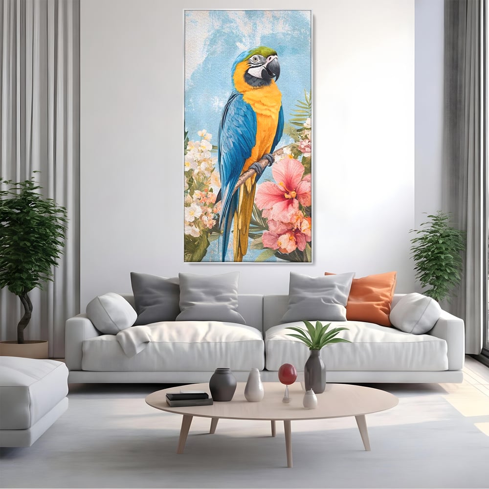Tablou Canvas Premium, LuxCanva® M1100, Perla Amazonului, Papagal, Exotic, Flori, Frunze, Hibiscus, Acuarela, Jungla, Pastel, Vara, Anotimp, Pictura, Birou, Living, Camera Copil
