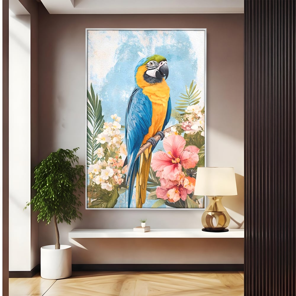 Tablou Canvas Premium, LuxCanva® M1100, Perla Amazonului, Papagal, Exotic, Flori, Frunze, Hibiscus, Acuarela, Jungla, Pastel, Vara, Anotimp, Pictura, Birou, Living, Camera Copil