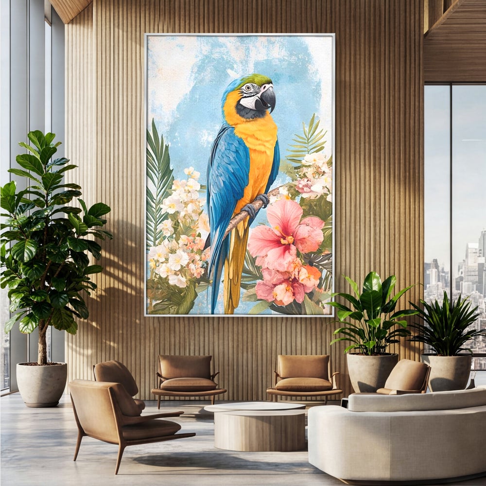 Tablou Canvas Premium, LuxCanva® M1100, Perla Amazonului, Papagal, Exotic, Flori, Frunze, Hibiscus, Acuarela, Jungla, Pastel, Vara, Anotimp, Pictura, Birou, Living, Camera Copil