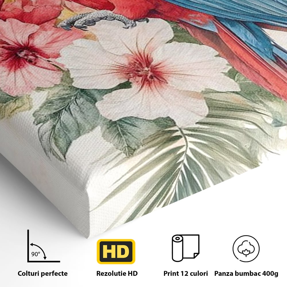 Tablou Canvas Premium, LuxCanva® M1101, Vocea Tropicelor, Tropical, Flori, Pasare, Papagal, Penaj, Frunze, Pastel, Acuarela, Vibrant, Natura, Salbaticie, Birou, Living, Camera Copil