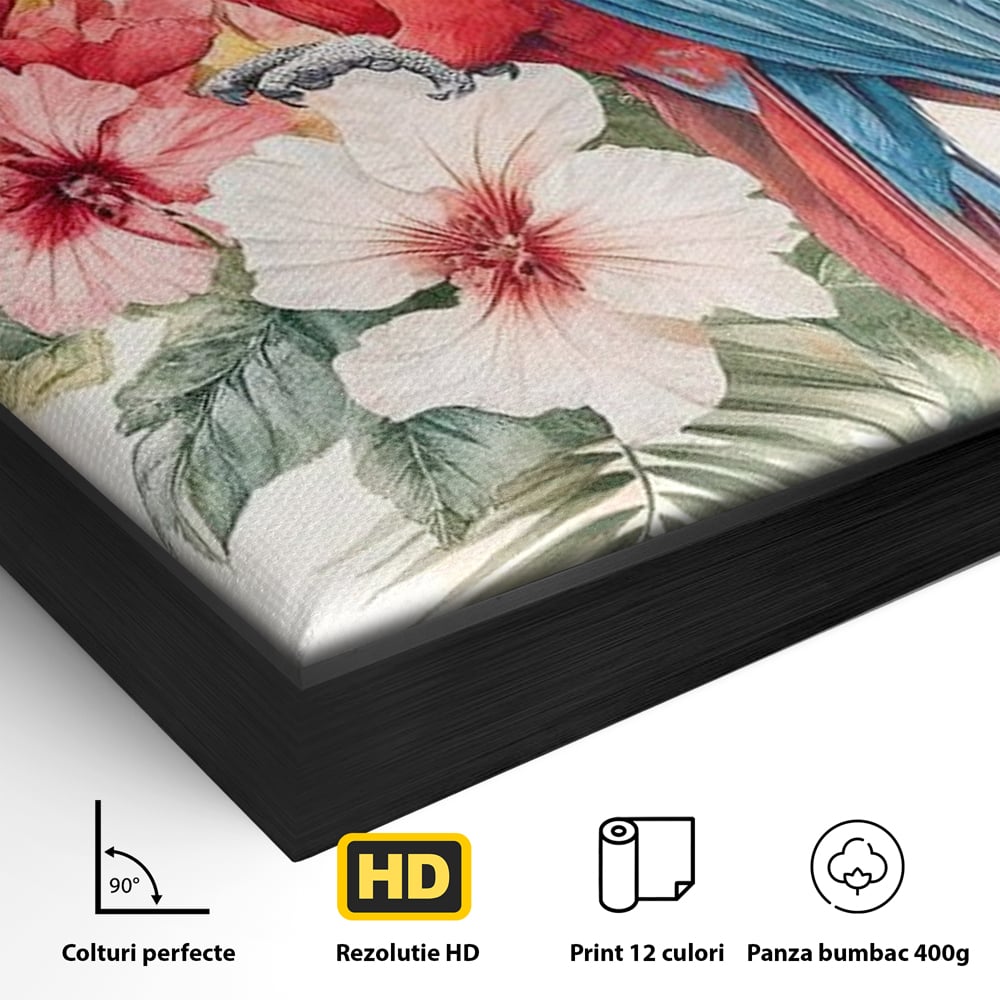 Tablou Canvas Premium, LuxCanva® M1101, Vocea Tropicelor, Tropical, Flori, Pasare, Papagal, Penaj, Frunze, Pastel, Acuarela, Vibrant, Natura, Salbaticie, Birou, Living, Camera Copil