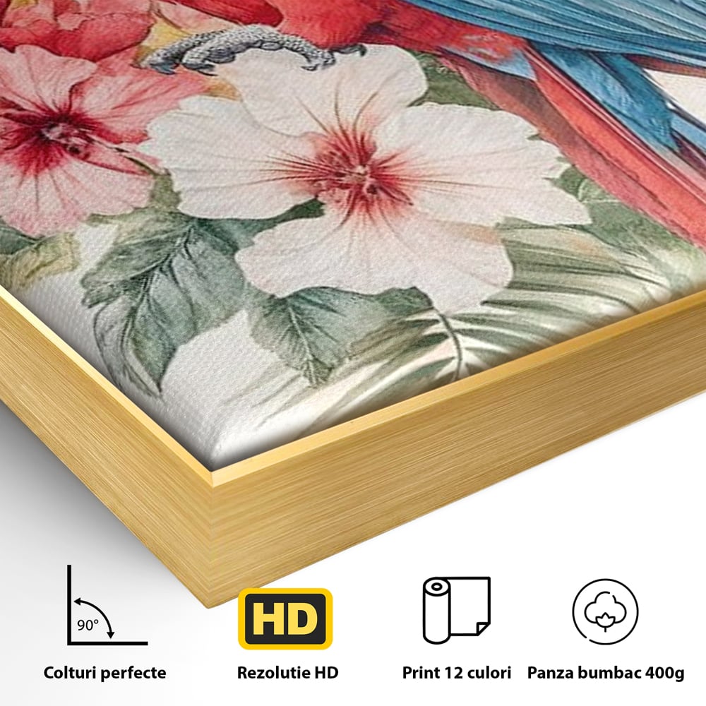 Tablou Canvas Premium, LuxCanva® M1101, Vocea Tropicelor, Tropical, Flori, Pasare, Papagal, Penaj, Frunze, Pastel, Acuarela, Vibrant, Natura, Salbaticie, Birou, Living, Camera Copil