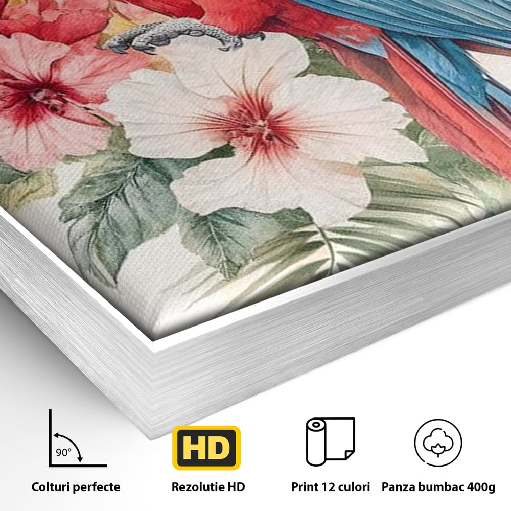 Tablou Canvas Premium, LuxCanva® M1101, Vocea Tropicelor, Tropical, Flori, Pasare, Papagal, Penaj, Frunze, Pastel, Acuarela, Vibrant, Natura, Salbaticie, Birou, Living, Camera Copil