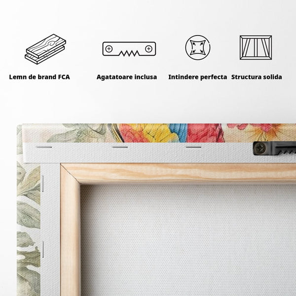 Tablou Canvas Premium, LuxCanva® M1101, Vocea Tropicelor, Tropical, Flori, Pasare, Papagal, Penaj, Frunze, Pastel, Acuarela, Vibrant, Natura, Salbaticie, Birou, Living, Camera Copil
