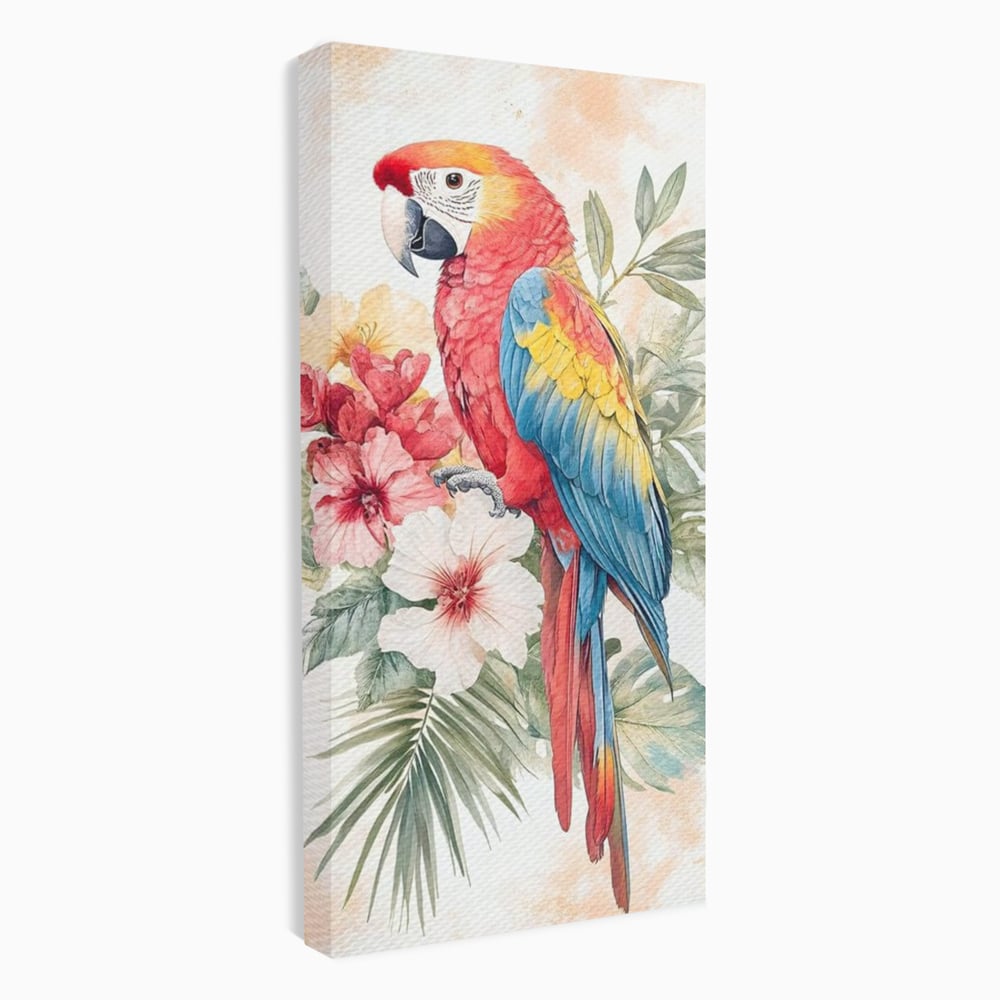 Tablou Canvas Premium, LuxCanva® M1101, Vocea Tropicelor, Tropical, Flori, Pasare, Papagal, Penaj, Frunze, Pastel, Acuarela, Vibrant, Natura, Salbaticie, Birou, Living, Camera Copil