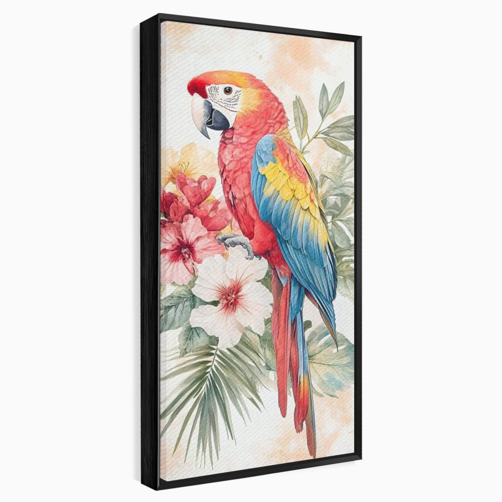 Tablou Canvas Premium, LuxCanva® M1101, Vocea Tropicelor, Tropical, Flori, Pasare, Papagal, Penaj, Frunze, Pastel, Acuarela, Vibrant, Natura, Salbaticie, Birou, Living, Camera Copil