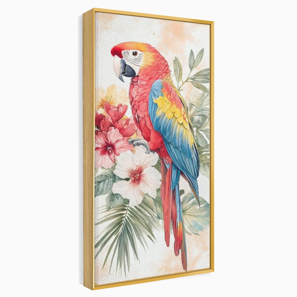 Tablou Canvas Premium, LuxCanva® M1101, Vocea Tropicelor, Tropical, Flori, Pasare, Papagal, Penaj, Frunze, Pastel, Acuarela, Vibrant, Natura, Salbaticie, Birou, Living, Camera Copil