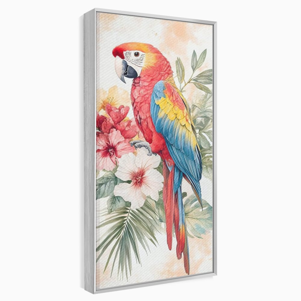 Tablou Canvas Premium, LuxCanva® M1101, Vocea Tropicelor, Tropical, Flori, Pasare, Papagal, Penaj, Frunze, Pastel, Acuarela, Vibrant, Natura, Salbaticie, Birou, Living, Camera Copil