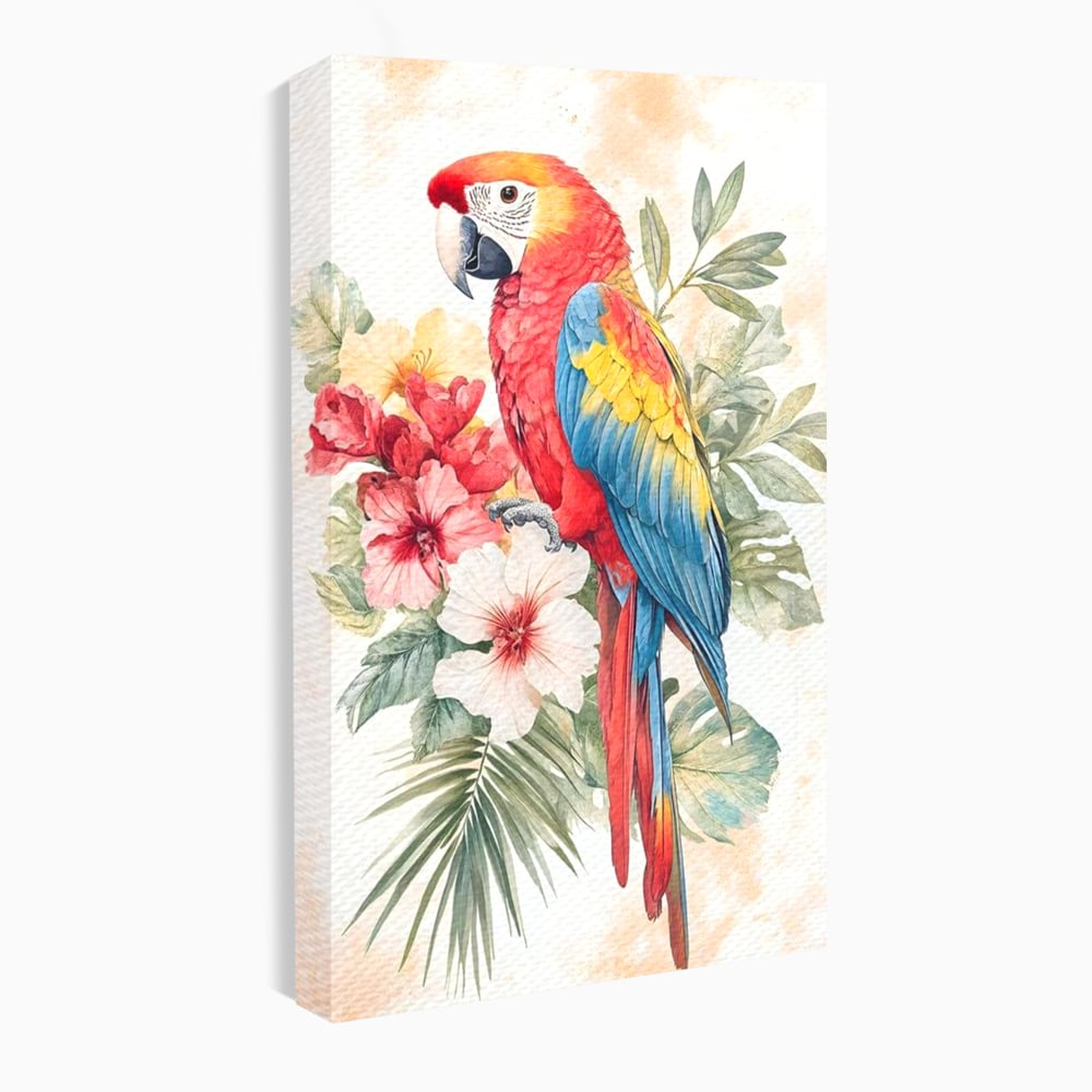 Tablou Canvas Premium, LuxCanva® M1101, Vocea Tropicelor, Tropical, Flori, Pasare, Papagal, Penaj, Frunze, Pastel, Acuarela, Vibrant, Natura, Salbaticie, Birou, Living, Camera Copil