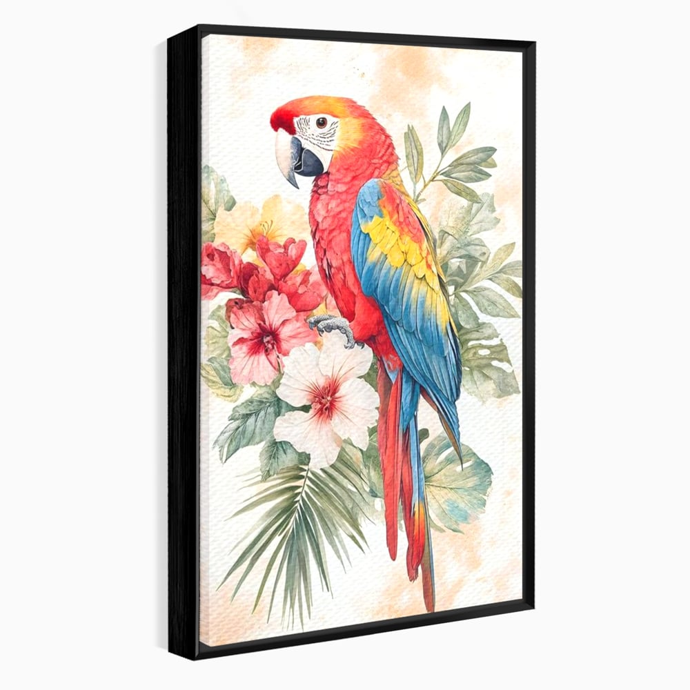 Tablou Canvas Premium, LuxCanva® M1101, Vocea Tropicelor, Tropical, Flori, Pasare, Papagal, Penaj, Frunze, Pastel, Acuarela, Vibrant, Natura, Salbaticie, Birou, Living, Camera Copil