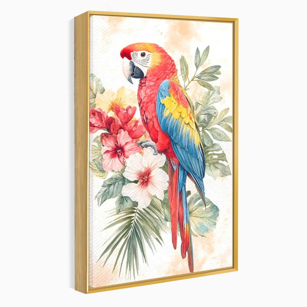 Tablou Canvas Premium, LuxCanva® M1101, Vocea Tropicelor, Tropical, Flori, Pasare, Papagal, Penaj, Frunze, Pastel, Acuarela, Vibrant, Natura, Salbaticie, Birou, Living, Camera Copil
