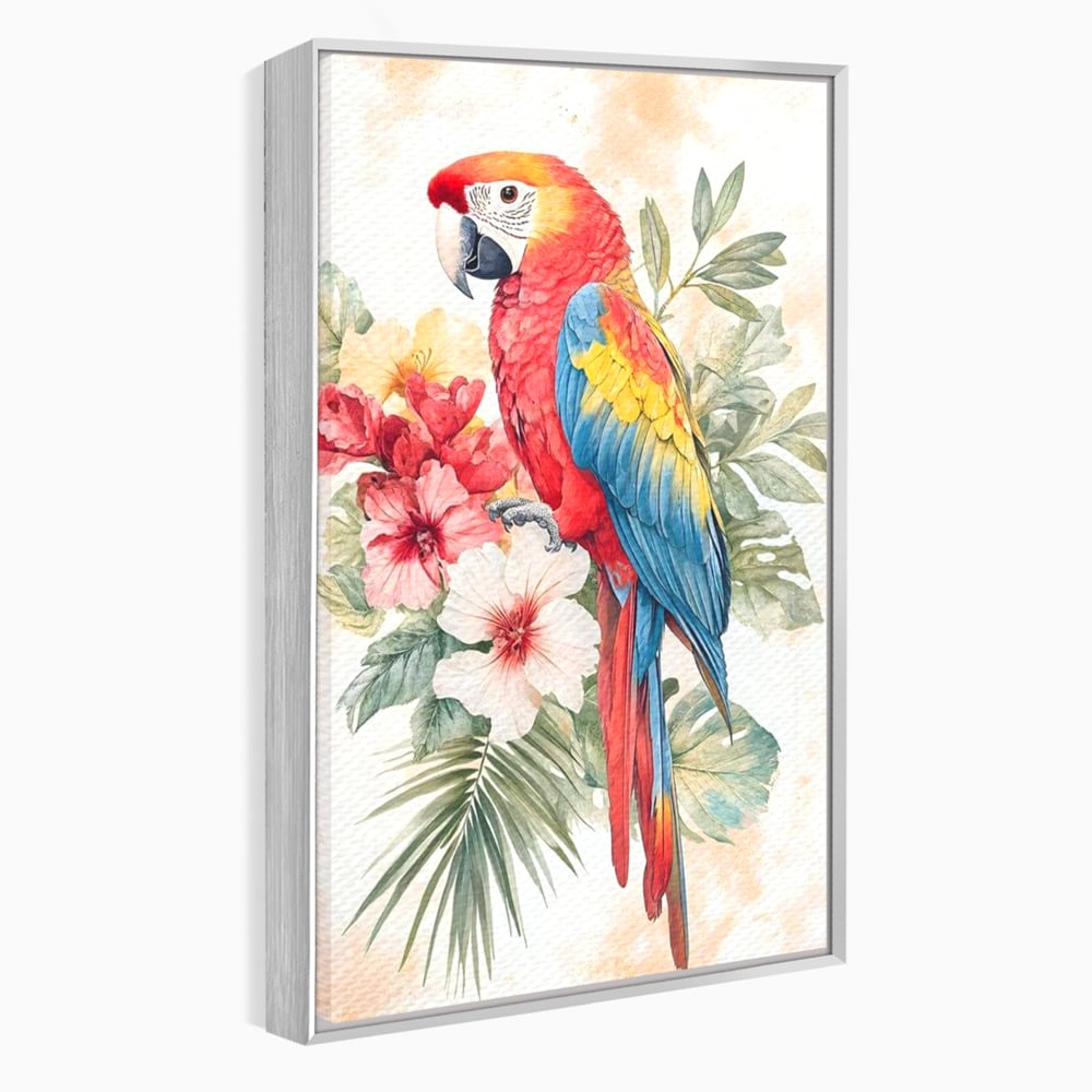 Tablou Canvas Premium, LuxCanva® M1101, Vocea Tropicelor, Tropical, Flori, Pasare, Papagal, Penaj, Frunze, Pastel, Acuarela, Vibrant, Natura, Salbaticie, Birou, Living, Camera Copil