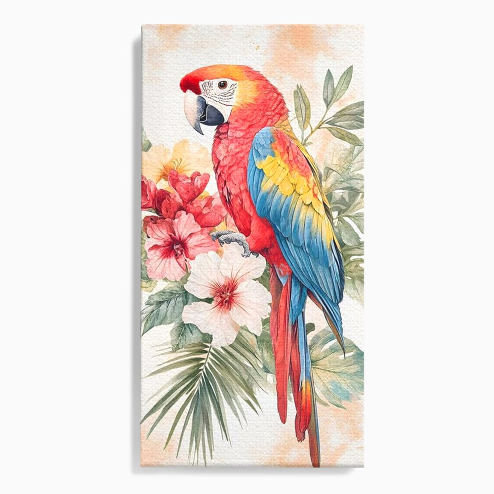 Tablou Canvas Premium, LuxCanva® M1101, Vocea Tropicelor, Tropical, Flori, Pasare, Papagal, Penaj, Frunze, Pastel, Acuarela, Vibrant, Natura, Salbaticie, Birou, Living, Camera Copil