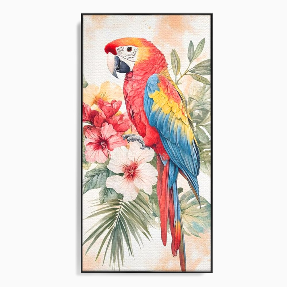 Tablou Canvas Premium, LuxCanva® M1101, Vocea Tropicelor, Tropical, Flori, Pasare, Papagal, Penaj, Frunze, Pastel, Acuarela, Vibrant, Natura, Salbaticie, Birou, Living, Camera Copil