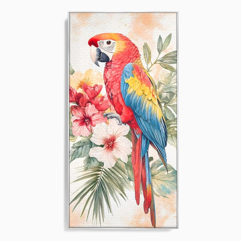 Tablou Canvas Premium, LuxCanva® M1101, Vocea Tropicelor, Tropical, Flori, Pasare, Papagal, Penaj, Frunze, Pastel, Acuarela, Vibrant, Natura, Salbaticie, Birou, Living, Camera Copil