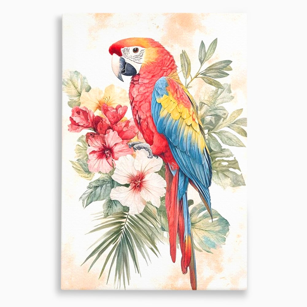 Tablou Canvas Premium, LuxCanva® M1101, Vocea Tropicelor, Tropical, Flori, Pasare, Papagal, Penaj, Frunze, Pastel, Acuarela, Vibrant, Natura, Salbaticie, Birou, Living, Camera Copil