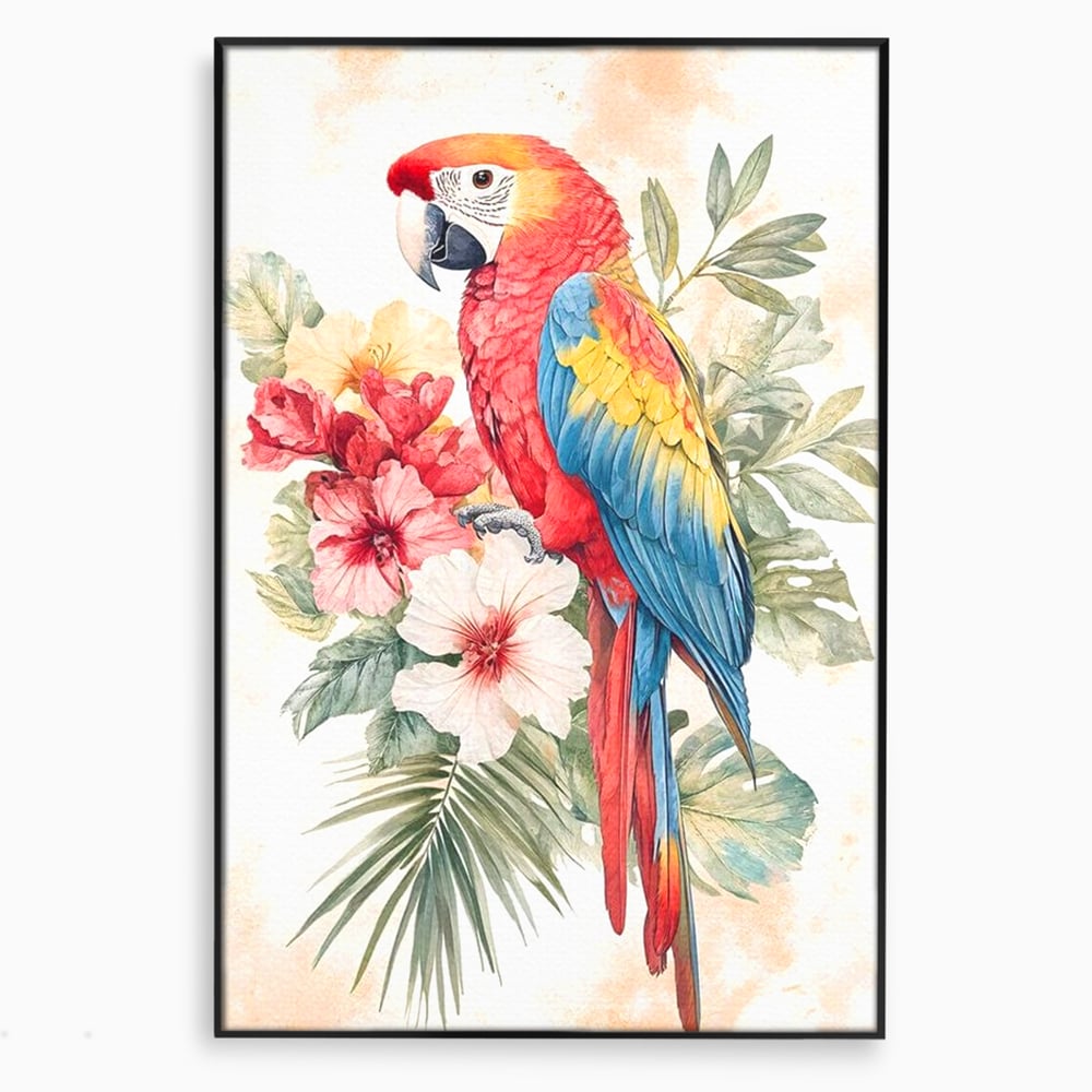 Tablou Canvas Premium, LuxCanva® M1101, Vocea Tropicelor, Tropical, Flori, Pasare, Papagal, Penaj, Frunze, Pastel, Acuarela, Vibrant, Natura, Salbaticie, Birou, Living, Camera Copil