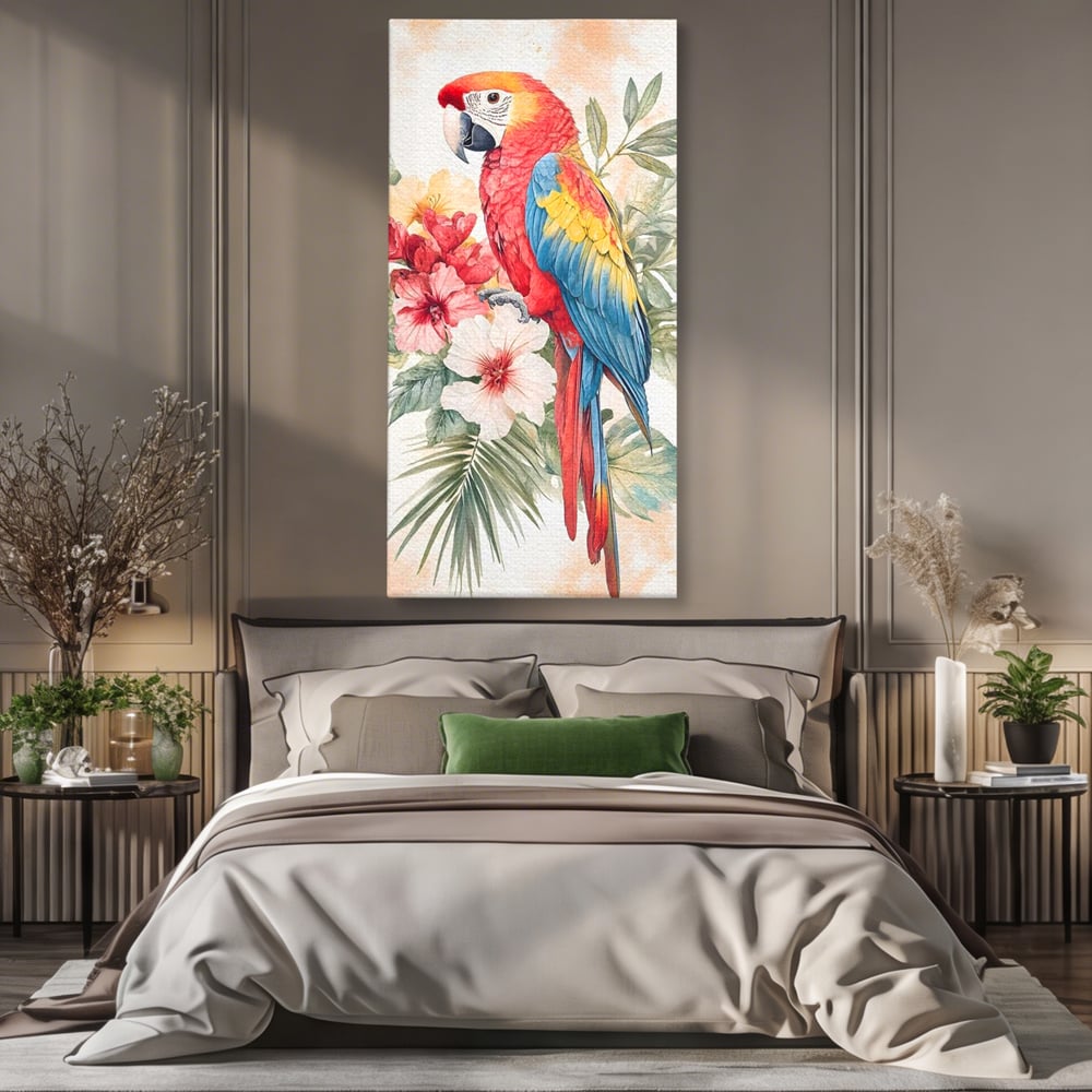 Tablou Canvas Premium, LuxCanva® M1101, Vocea Tropicelor, Tropical, Flori, Pasare, Papagal, Penaj, Frunze, Pastel, Acuarela, Vibrant, Natura, Salbaticie, Birou, Living, Camera Copil