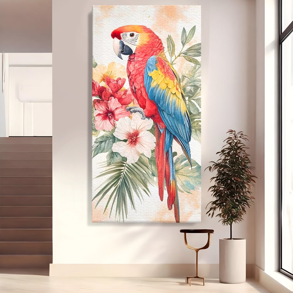 Tablou Canvas Premium, LuxCanva® M1101, Vocea Tropicelor, Tropical, Flori, Pasare, Papagal, Penaj, Frunze, Pastel, Acuarela, Vibrant, Natura, Salbaticie, Birou, Living, Camera Copil