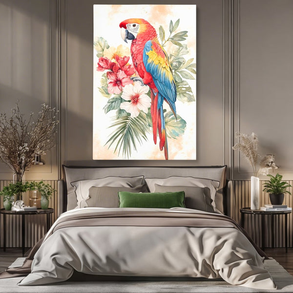 Tablou Canvas Premium, LuxCanva® M1101, Vocea Tropicelor, Tropical, Flori, Pasare, Papagal, Penaj, Frunze, Pastel, Acuarela, Vibrant, Natura, Salbaticie, Birou, Living, Camera Copil