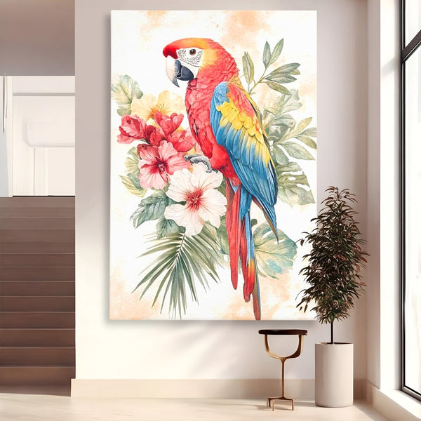 Tablou Canvas Premium, LuxCanva® M1101, Vocea Tropicelor, Tropical, Flori, Pasare, Papagal, Penaj, Frunze, Pastel, Acuarela, Vibrant, Natura, Salbaticie, Birou, Living, Camera Copil
