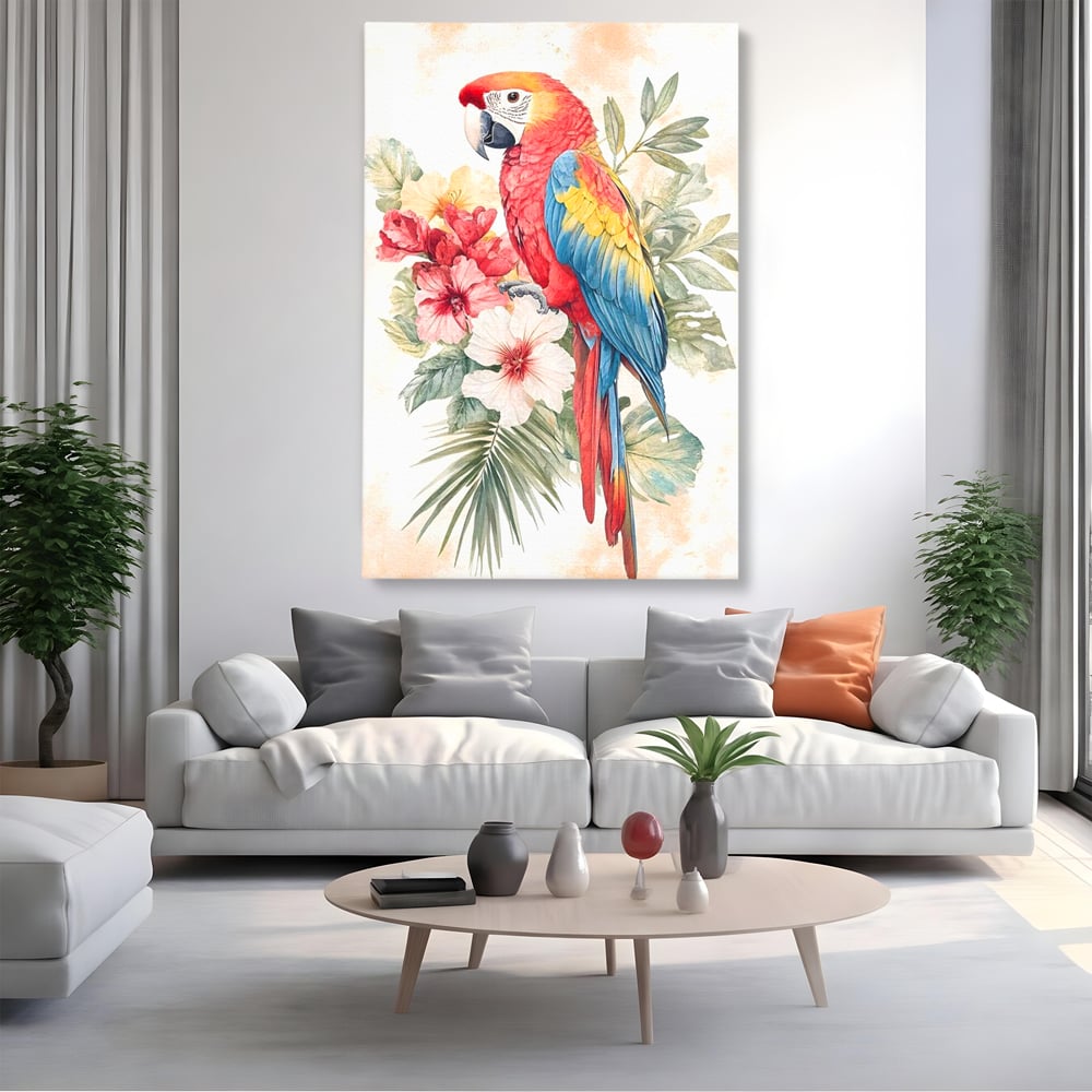 Tablou Canvas Premium, LuxCanva® M1101, Vocea Tropicelor, Tropical, Flori, Pasare, Papagal, Penaj, Frunze, Pastel, Acuarela, Vibrant, Natura, Salbaticie, Birou, Living, Camera Copil