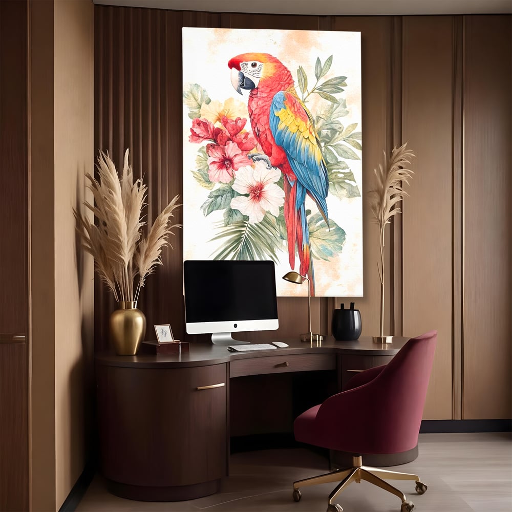Tablou Canvas Premium, LuxCanva® M1101, Vocea Tropicelor, Tropical, Flori, Pasare, Papagal, Penaj, Frunze, Pastel, Acuarela, Vibrant, Natura, Salbaticie, Birou, Living, Camera Copil
