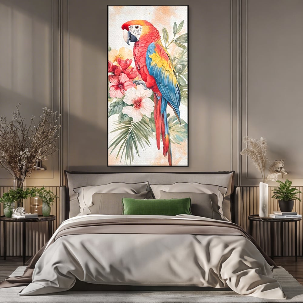 Tablou Canvas Premium, LuxCanva® M1101, Vocea Tropicelor, Tropical, Flori, Pasare, Papagal, Penaj, Frunze, Pastel, Acuarela, Vibrant, Natura, Salbaticie, Birou, Living, Camera Copil
