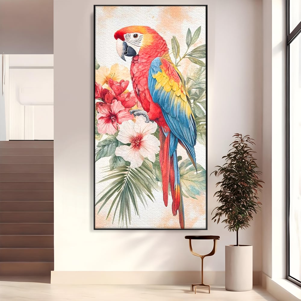 Tablou Canvas Premium, LuxCanva® M1101, Vocea Tropicelor, Tropical, Flori, Pasare, Papagal, Penaj, Frunze, Pastel, Acuarela, Vibrant, Natura, Salbaticie, Birou, Living, Camera Copil