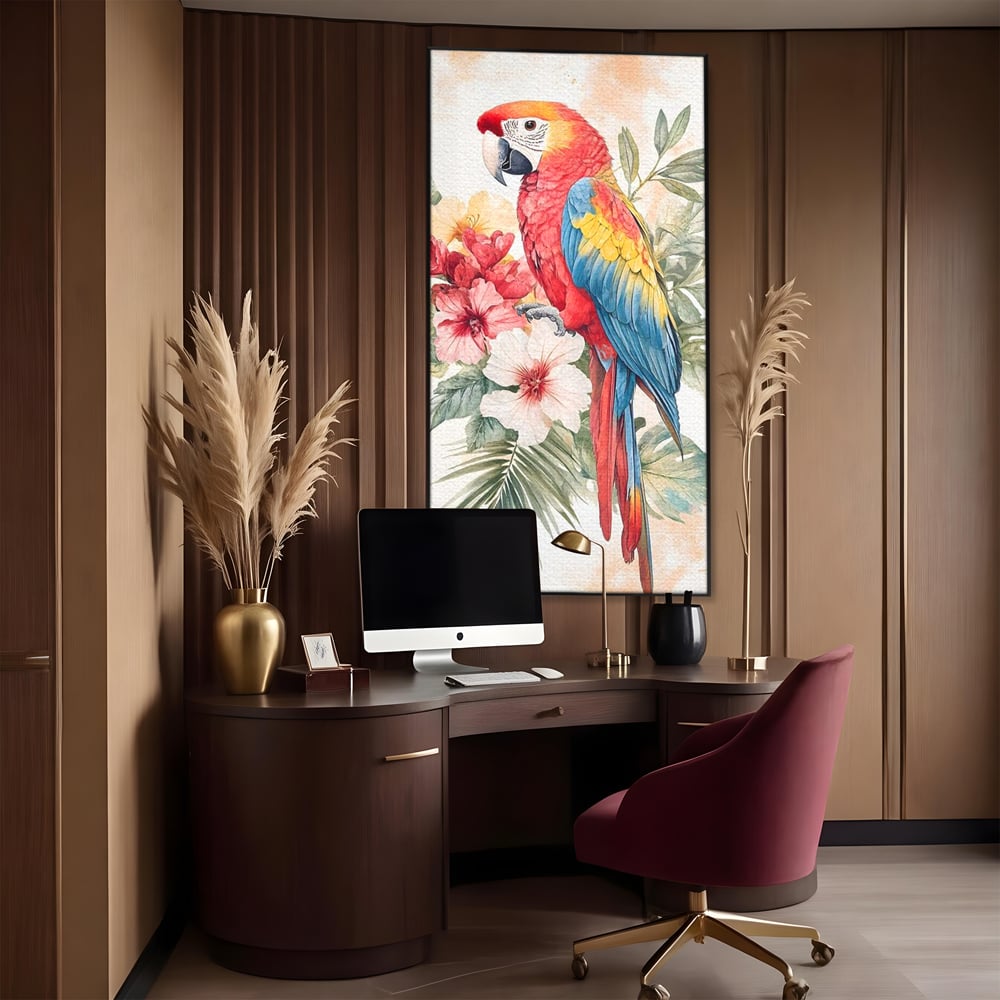 Tablou Canvas Premium, LuxCanva® M1101, Vocea Tropicelor, Tropical, Flori, Pasare, Papagal, Penaj, Frunze, Pastel, Acuarela, Vibrant, Natura, Salbaticie, Birou, Living, Camera Copil