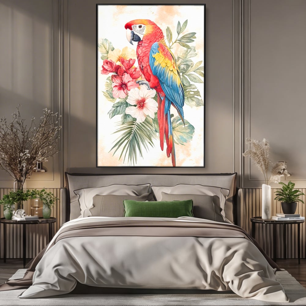 Tablou Canvas Premium, LuxCanva® M1101, Vocea Tropicelor, Tropical, Flori, Pasare, Papagal, Penaj, Frunze, Pastel, Acuarela, Vibrant, Natura, Salbaticie, Birou, Living, Camera Copil