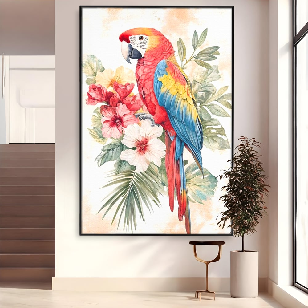 Tablou Canvas Premium, LuxCanva® M1101, Vocea Tropicelor, Tropical, Flori, Pasare, Papagal, Penaj, Frunze, Pastel, Acuarela, Vibrant, Natura, Salbaticie, Birou, Living, Camera Copil
