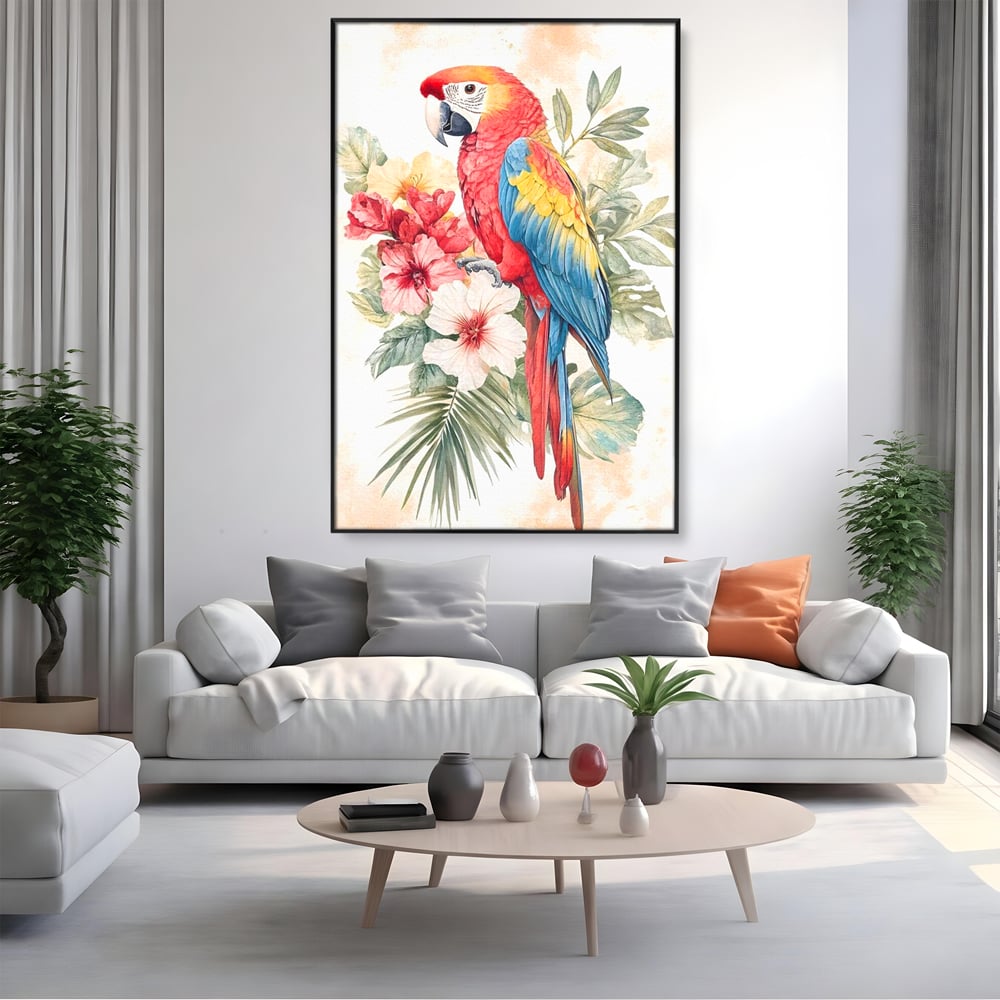 Tablou Canvas Premium, LuxCanva® M1101, Vocea Tropicelor, Tropical, Flori, Pasare, Papagal, Penaj, Frunze, Pastel, Acuarela, Vibrant, Natura, Salbaticie, Birou, Living, Camera Copil