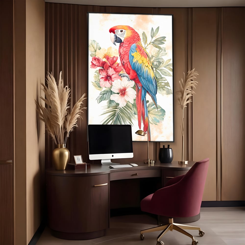 Tablou Canvas Premium, LuxCanva® M1101, Vocea Tropicelor, Tropical, Flori, Pasare, Papagal, Penaj, Frunze, Pastel, Acuarela, Vibrant, Natura, Salbaticie, Birou, Living, Camera Copil