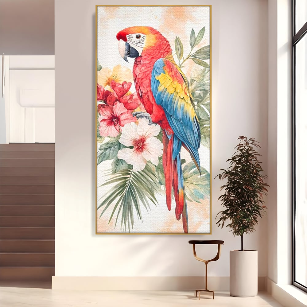 Tablou Canvas Premium, LuxCanva® M1101, Vocea Tropicelor, Tropical, Flori, Pasare, Papagal, Penaj, Frunze, Pastel, Acuarela, Vibrant, Natura, Salbaticie, Birou, Living, Camera Copil