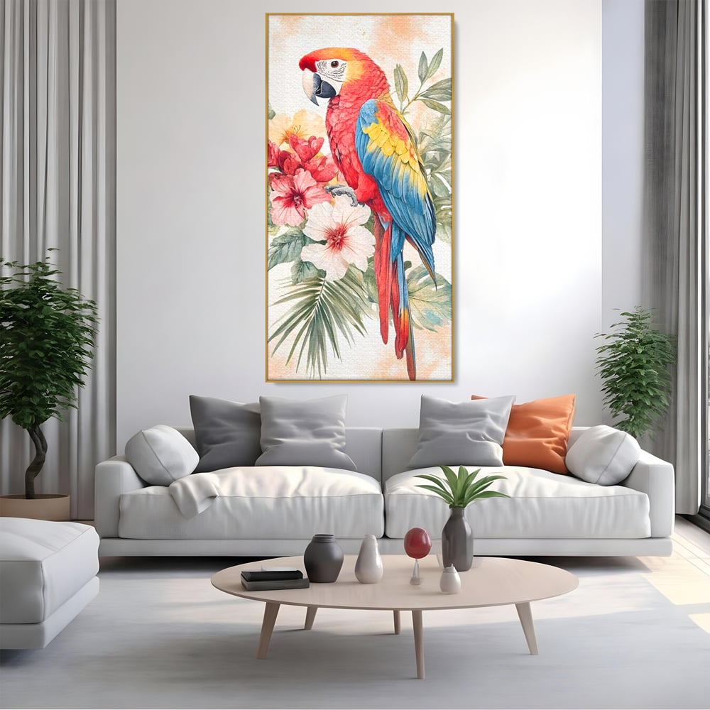 Tablou Canvas Premium, LuxCanva® M1101, Vocea Tropicelor, Tropical, Flori, Pasare, Papagal, Penaj, Frunze, Pastel, Acuarela, Vibrant, Natura, Salbaticie, Birou, Living, Camera Copil