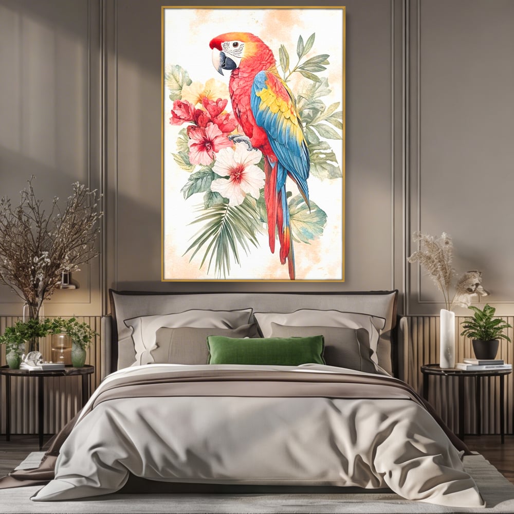Tablou Canvas Premium, LuxCanva® M1101, Vocea Tropicelor, Tropical, Flori, Pasare, Papagal, Penaj, Frunze, Pastel, Acuarela, Vibrant, Natura, Salbaticie, Birou, Living, Camera Copil