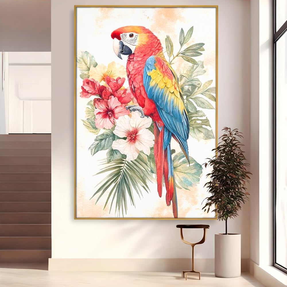 Tablou Canvas Premium, LuxCanva® M1101, Vocea Tropicelor, Tropical, Flori, Pasare, Papagal, Penaj, Frunze, Pastel, Acuarela, Vibrant, Natura, Salbaticie, Birou, Living, Camera Copil