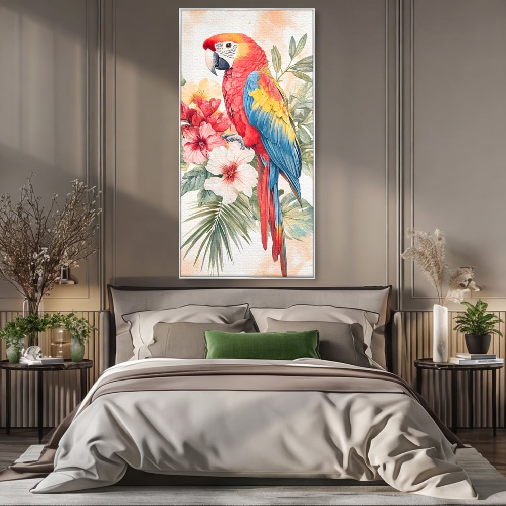 Tablou Canvas Premium, LuxCanva® M1101, Vocea Tropicelor, Tropical, Flori, Pasare, Papagal, Penaj, Frunze, Pastel, Acuarela, Vibrant, Natura, Salbaticie, Birou, Living, Camera Copil