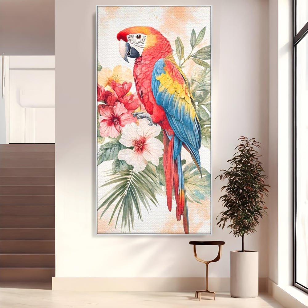 Tablou Canvas Premium, LuxCanva® M1101, Vocea Tropicelor, Tropical, Flori, Pasare, Papagal, Penaj, Frunze, Pastel, Acuarela, Vibrant, Natura, Salbaticie, Birou, Living, Camera Copil