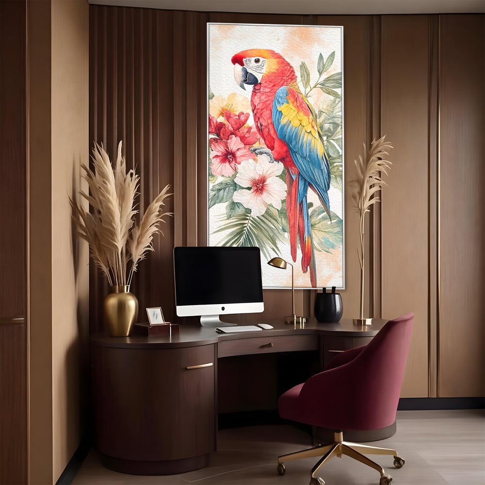 Tablou Canvas Premium, LuxCanva® M1101, Vocea Tropicelor, Tropical, Flori, Pasare, Papagal, Penaj, Frunze, Pastel, Acuarela, Vibrant, Natura, Salbaticie, Birou, Living, Camera Copil