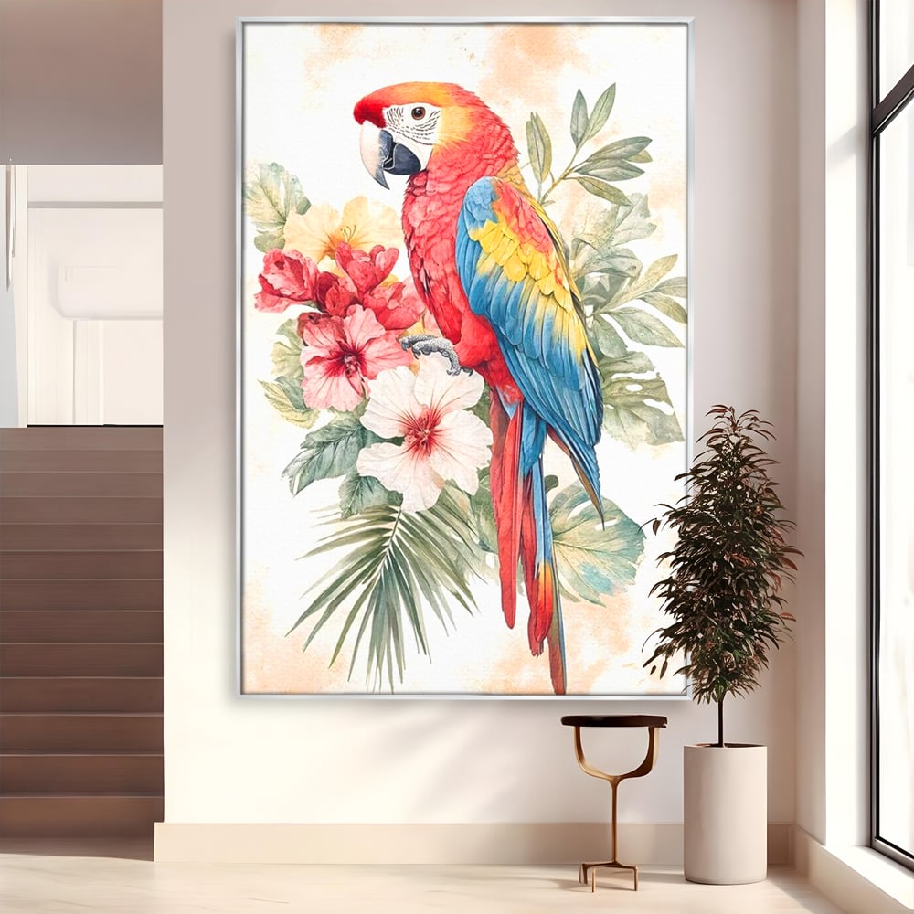 Tablou Canvas Premium, LuxCanva® M1101, Vocea Tropicelor, Tropical, Flori, Pasare, Papagal, Penaj, Frunze, Pastel, Acuarela, Vibrant, Natura, Salbaticie, Birou, Living, Camera Copil